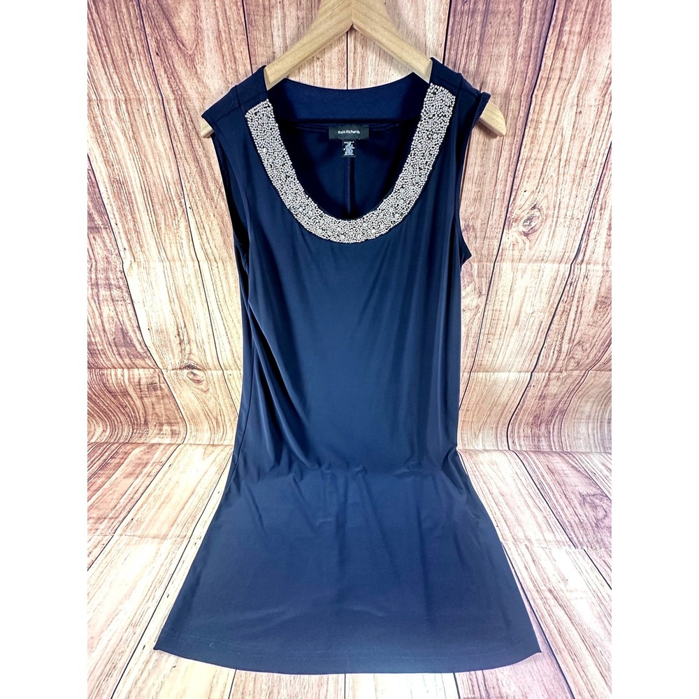 R&M Richards Women Dress 12 Navy Blue Beaded Neckline Sleeveless Sheath Formal